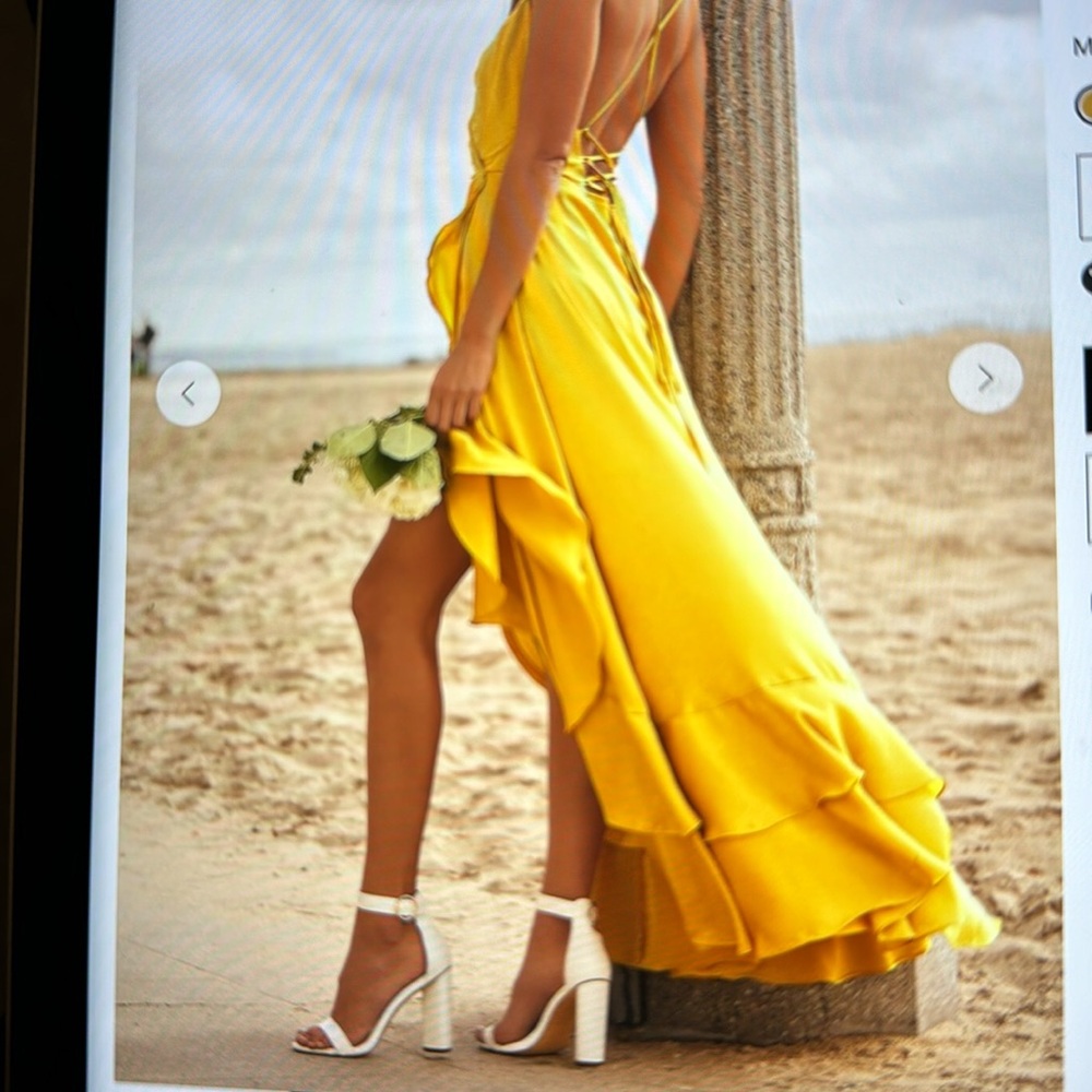 Lulu's Yellow High-Low Ruffle Wrap Maxi Dress - Picture 2 of 12